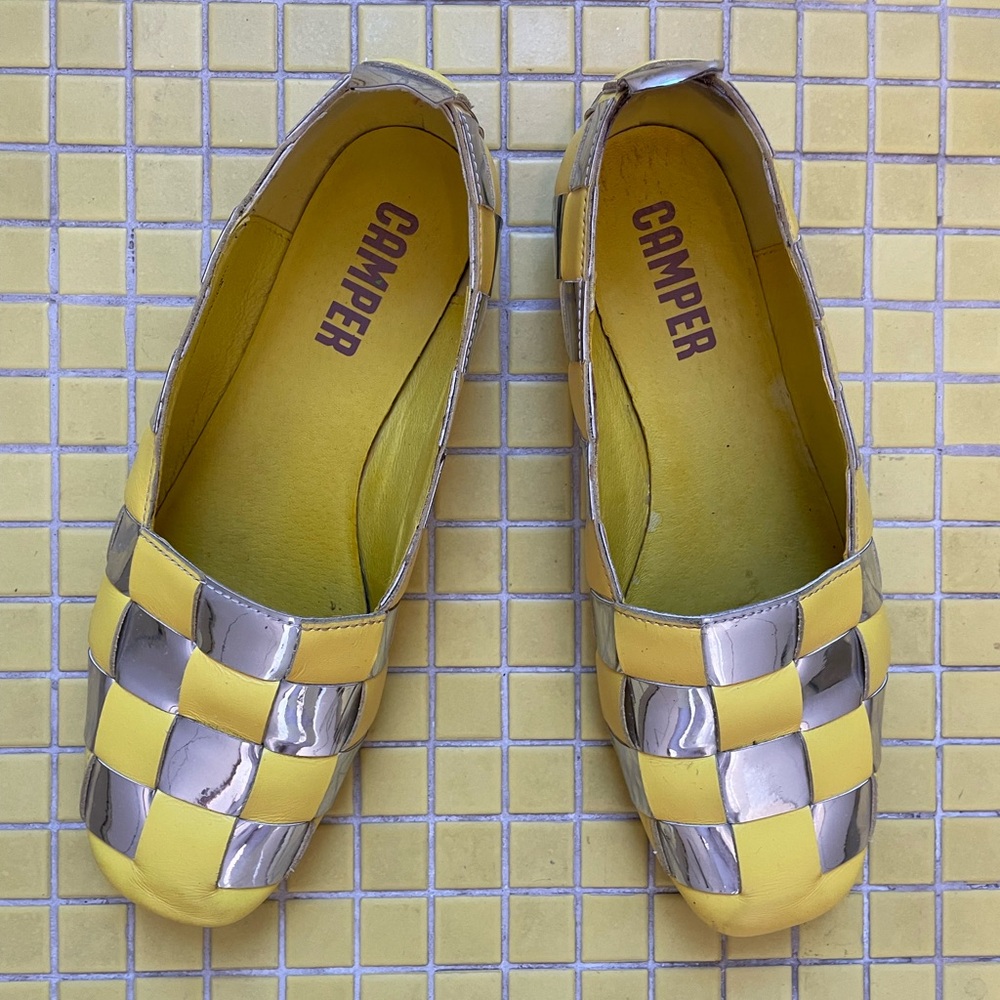 Camper Yellow and Silver Checkered Flats